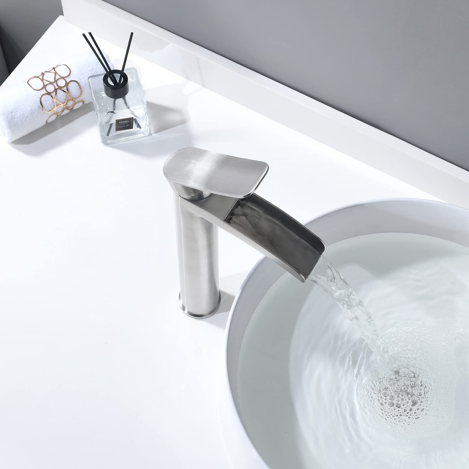 Phiestina Brushed Nickel Tall Bathroom Vessel Sink Faucet, Single Hole Single Handle Waterfall Modern Bathroom Faucet, with Pop Up Drain and Water Supply Line, NS-SF01-BN-V