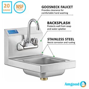 12" x 16" Stainless Steel Hand Sink | Commercial Wall Mount Hand Basin with Gooseneck Faucet, Strainer, Back Splash | NSF Certified | Perfect for Restaurants, Bars, Stores, Kitchen and More