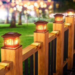 letmy solar post cap lights outdoor, 4 pack led deck fence cap solar lights, bright waterproof solar post lights for 4x4 5x5 6x6 wooden posts in patio, deck or garden decoration