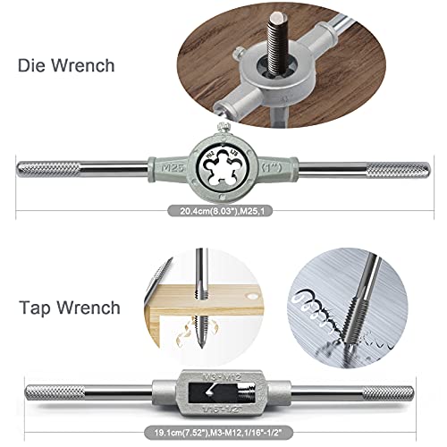 20 PCS Tap and Die Set - Metric Size M3, M4, M5, M6, M7, M8, M9, M10, M12 Tap Set and Die Set Threads Tapping Threading Tool Kit with Wrench Handle, Storage Box