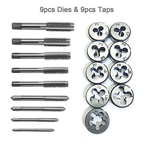 20 PCS Tap and Die Set - Metric Size M3, M4, M5, M6, M7, M8, M9, M10, M12 Tap Set and Die Set Threads Tapping Threading Tool Kit with Wrench Handle, Storage Box