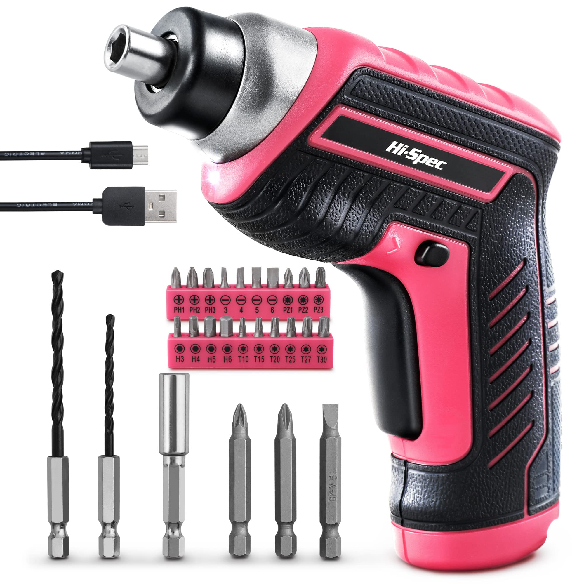 Hi-Spec 27pc 3.6V Pink Small USB Power Electric Screwdriver Set for Women. Cordless & Rechargeable with Driver Bit Set