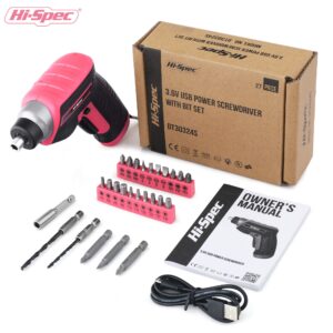 Hi-Spec 27pc 3.6V Pink Small USB Power Electric Screwdriver Set for Women. Cordless & Rechargeable with Driver Bit Set