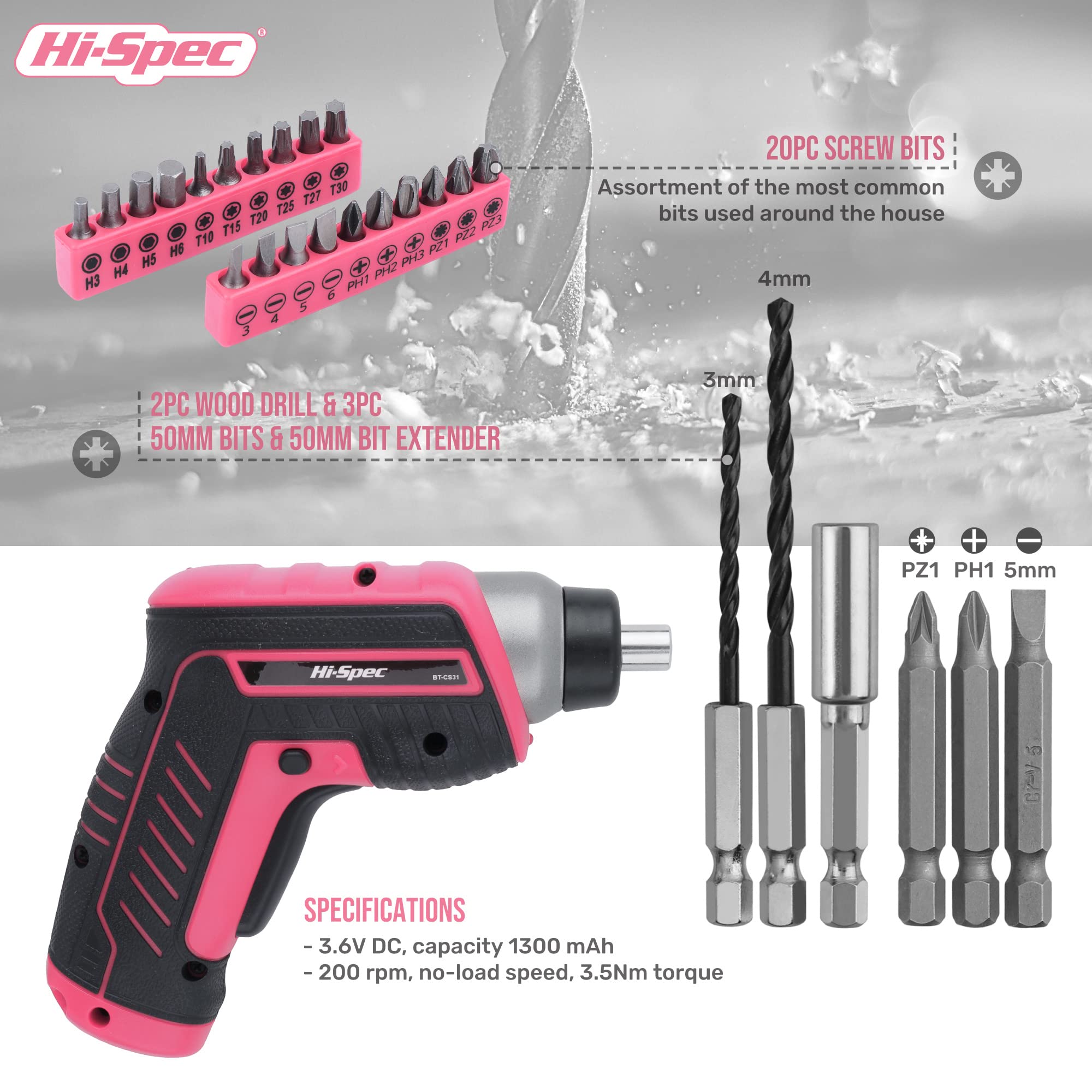 Hi-Spec 27pc 3.6V Pink Small USB Power Electric Screwdriver Set for Women. Cordless & Rechargeable with Driver Bit Set