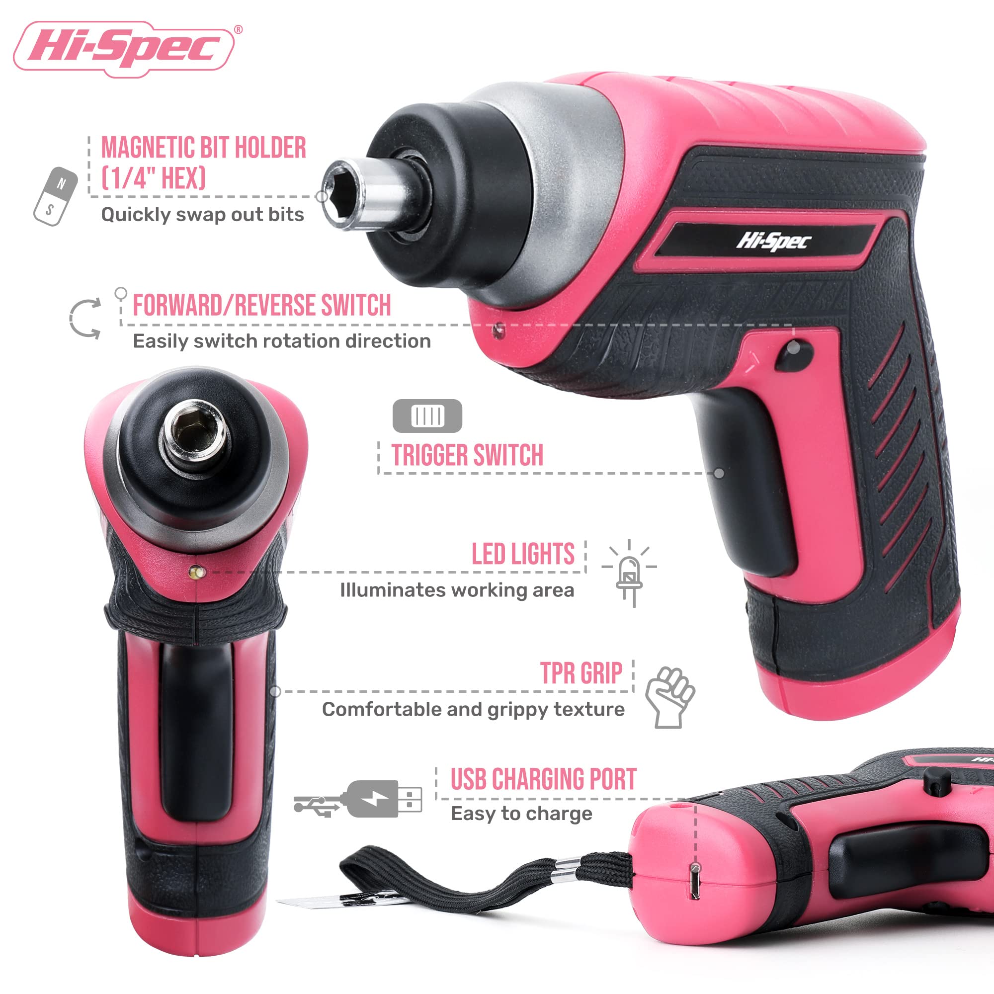 Hi-Spec 27pc 3.6V Pink Small USB Power Electric Screwdriver Set for Women. Cordless & Rechargeable with Driver Bit Set