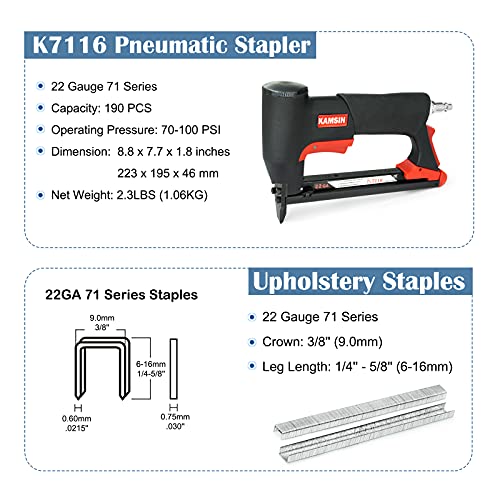 KAMSIN K7116 22 Gauge Pneumatic Upholstery Staple Gun 3/8-Inch Crown 71 Series Air Power Fine Wire Stapler 1/4-Inch to 5/8-Inch Leg Length Upholstery Stapler Furniture Stapler for Fabric, Upholstering