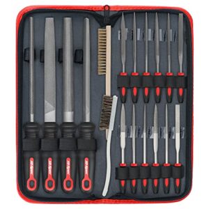 hi-spec 18 piece metal hand & needle files tool set kit. large & small mini t12 carbon steel diamond flat, half, round, triangle files for diy, wood and crafts. complete in a zipper case with brushes