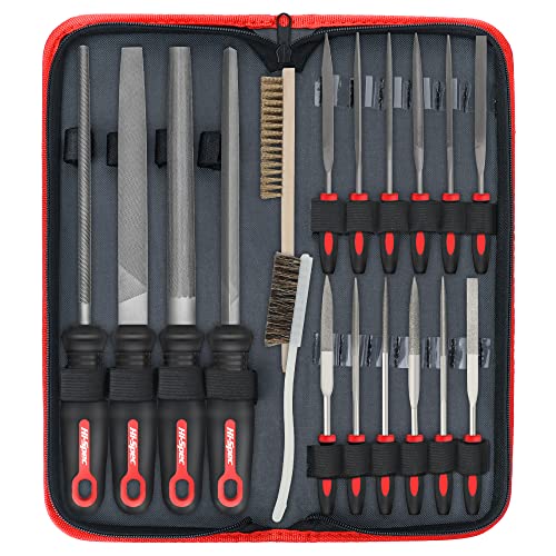 Hi-Spec 18 Piece Metal Hand & Needle Files Tool Set Kit. Large & Small Mini T12 Carbon Steel Diamond Flat, Half, Round, Triangle Files for DIY, Wood and Crafts. Complete in a Zipper Case with Brushes