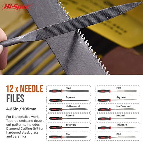 Hi-Spec 18 Piece Metal Hand & Needle Files Tool Set Kit. Large & Small Mini T12 Carbon Steel Diamond Flat, Half, Round, Triangle Files for DIY, Wood and Crafts. Complete in a Zipper Case with Brushes