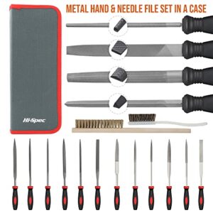 Hi-Spec 18 Piece Metal Hand & Needle Files Tool Set Kit. Large & Small Mini T12 Carbon Steel Diamond Flat, Half, Round, Triangle Files for DIY, Wood and Crafts. Complete in a Zipper Case with Brushes