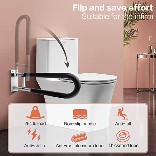 Flip Up Grab Bar for Bathroom, U-Shaped Aluminium Alloy Toilet Safety Rail for Elderly, Toilet Grab Bar for Wall, Non-Skid Toilet Handicap Grab Bar Handicap Rail for Home Hotel Pregnant