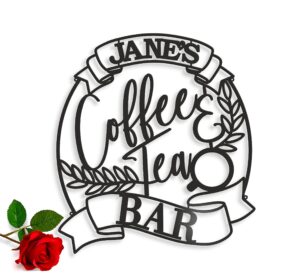 personalized coffee and tea bar metal name sign custom laser cut cup coffee housewarming gift for mom, grandma, coffee lover metal wall art home decor kitchen sign hanging decorations coffee station