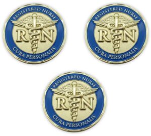 nurse coin, bulk pack of 3, the lord is my refuge & my fortress, psalm 91 & cura personalis - personal care, religious pocket token of peace & protection, rn challenge coin with christian flag