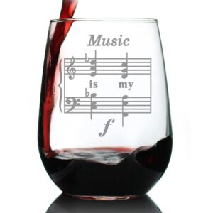 music is my forte - stemless wine glass - funny musician gifts and musical accessories - large 17 oz glasses