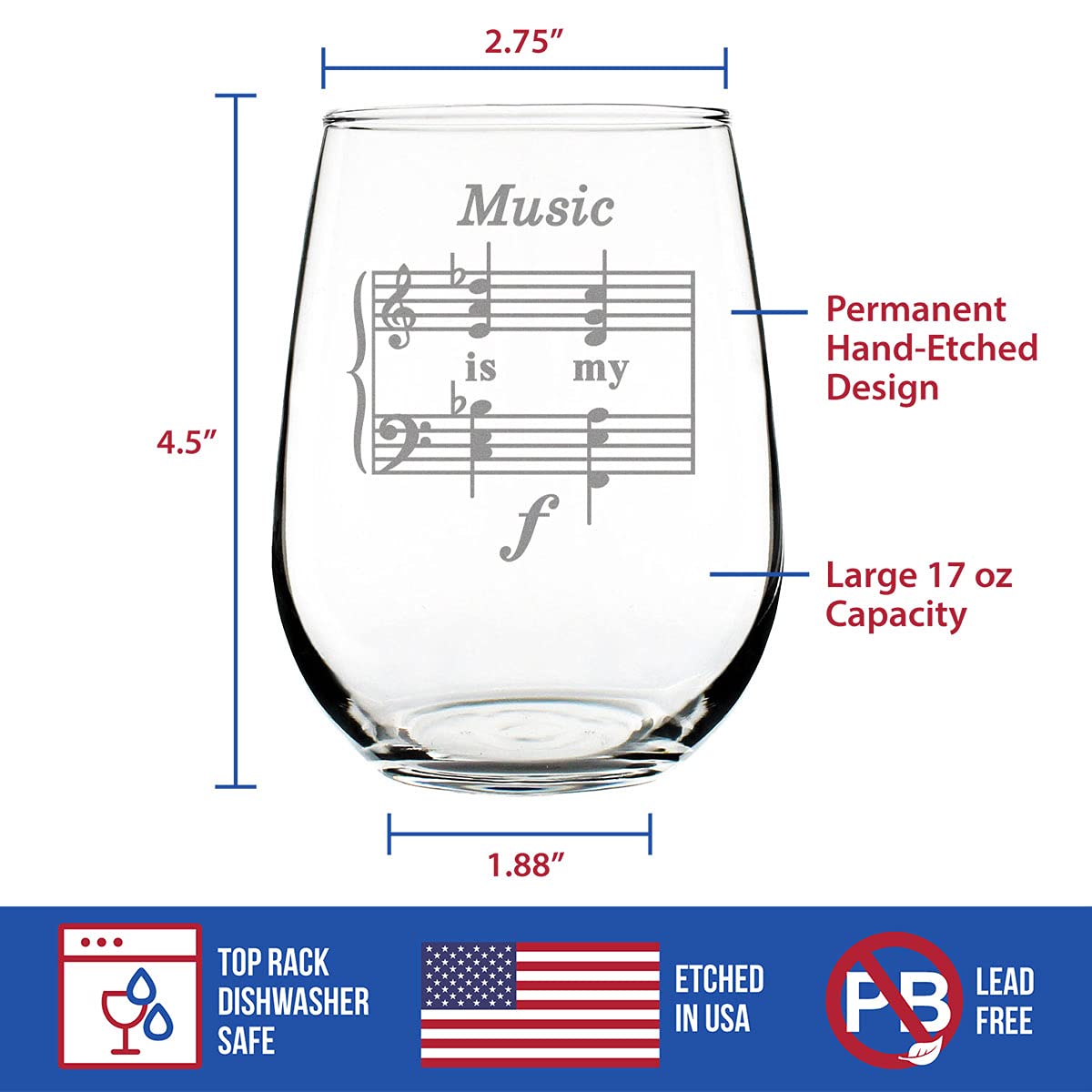 Music Is My Forte - Stemless Wine Glass - Funny Musician Gifts and Musical Accessories - Large 17 Oz Glasses