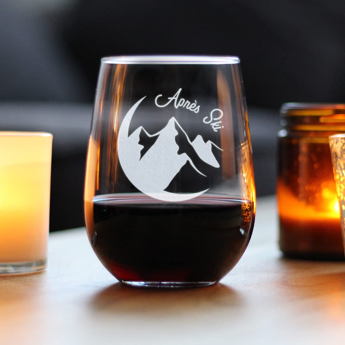 Apres Ski - Stemless Wine Glass - Unique Skiing Themed Decor and Gifts for Mountain Lovers - Large 17 Oz Glasses