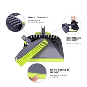 Adjustable Rubber Push Broom and Dustpan Set,Self Cleaning Indoor Outdoor Angle Brooms with Dust pan for Home,Long Handle Brooms for Floor Sweeping, Kids,Carpet Dog Cat Pets Household Brooms