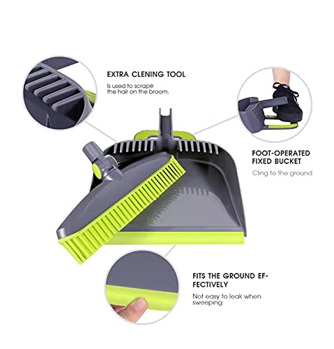 Adjustable Rubber Push Broom and Dustpan Set,Self Cleaning Indoor Outdoor Angle Brooms with Dust pan for Home,Long Handle Brooms for Floor Sweeping, Kids,Carpet Dog Cat Pets Household Brooms