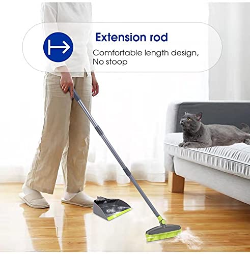 Adjustable Rubber Push Broom and Dustpan Set,Self Cleaning Indoor Outdoor Angle Brooms with Dust pan for Home,Long Handle Brooms for Floor Sweeping, Kids,Carpet Dog Cat Pets Household Brooms