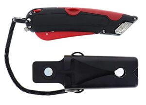 veltec ez-2000 safety box cutter utility knife, tape splitter at back, 3 blade depth setting, squeeze trigger and dual side edge guide, 2 blades (red)