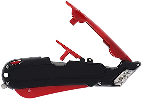 Veltec EZ-2000 Safety Box Cutter Utility Knife, Tape Splitter at Back, 3 Blade Depth Setting, Squeeze Trigger and Dual Side Edge Guide, 2 Blades (Red)