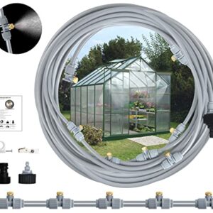 Misting Cooling System, Outdoor Misting Watering System, 50 FT Mist Hose + 10 Brass Misting Nozzles, Mister for Trampoline Greenhouse Umbrella Canopy Porch and Fan