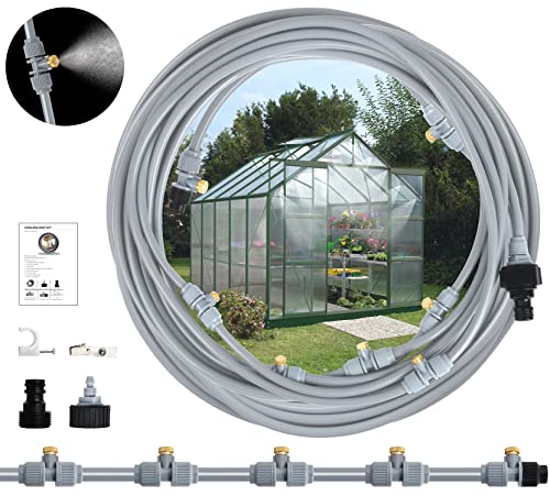 Misting Cooling System, Outdoor Misting Watering System, 50 FT Mist Hose + 10 Brass Misting Nozzles, Mister for Trampoline Greenhouse Umbrella Canopy Porch and Fan