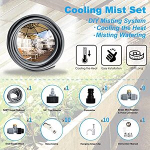 Misting Cooling System, Outdoor Misting Watering System, 50 FT Mist Hose + 10 Brass Misting Nozzles, Mister for Trampoline Greenhouse Umbrella Canopy Porch and Fan
