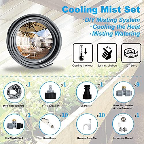 Misting Cooling System, Outdoor Misting Watering System, 50 FT Mist Hose + 10 Brass Misting Nozzles, Mister for Trampoline Greenhouse Umbrella Canopy Porch and Fan