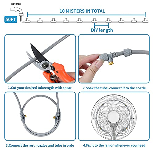 Misting Cooling System, Outdoor Misting Watering System, 50 FT Mist Hose + 10 Brass Misting Nozzles, Mister for Trampoline Greenhouse Umbrella Canopy Porch and Fan