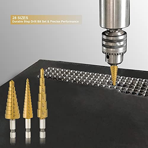 HIDOTOL Step Drill Bit Set 3PCS, High Speed Steel Titanium Coated, Double Cutting Blades, Unibit Drill Bits for Metal Sheet, Wood, Plastic, Total 28 Sizes