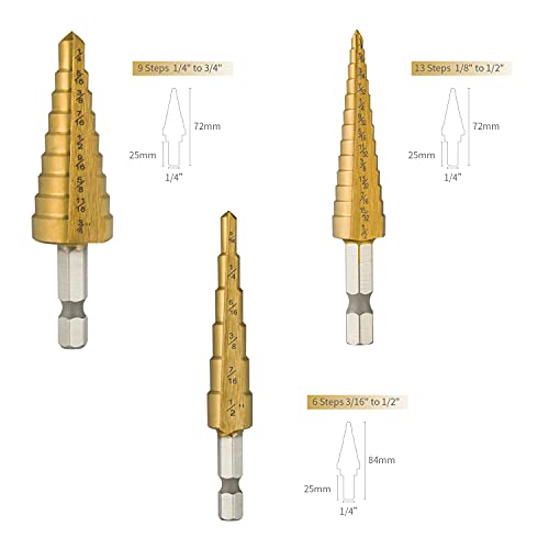 HIDOTOL Step Drill Bit Set 3PCS, High Speed Steel Titanium Coated, Double Cutting Blades, Unibit Drill Bits for Metal Sheet, Wood, Plastic, Total 28 Sizes