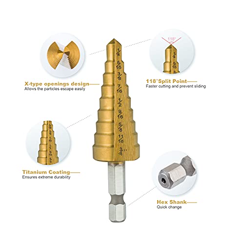 HIDOTOL Step Drill Bit Set 3PCS, High Speed Steel Titanium Coated, Double Cutting Blades, Unibit Drill Bits for Metal Sheet, Wood, Plastic, Total 28 Sizes