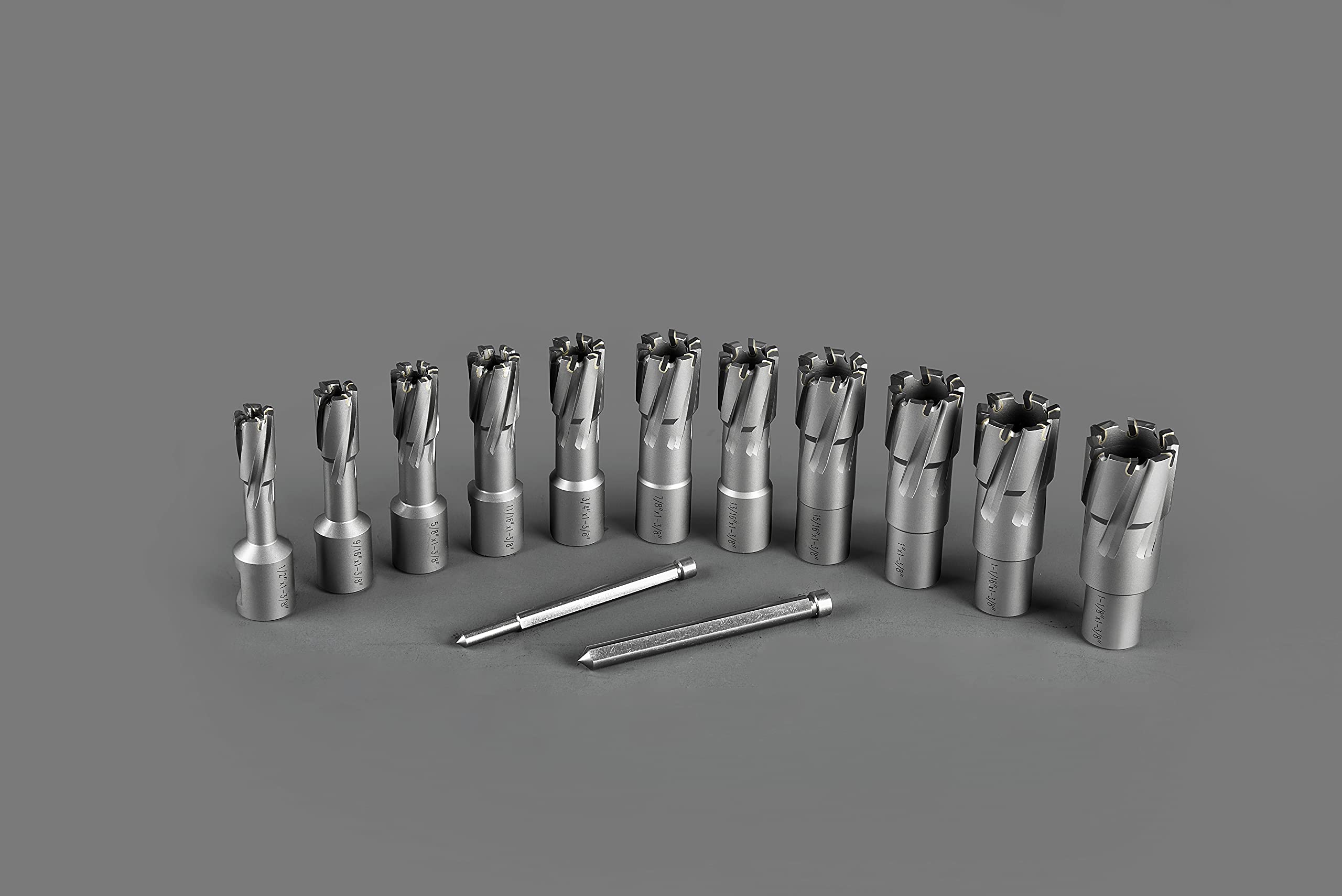 Annular Cutter Set Carbide TCT 13 pcs JESTUOUS 3/4 Inch Weldon Shank 1-3/8 Cutting Depth and Cutting Diameter from 1/2 to 1-1/8 Two Flat Bit for Drill Press with 2 Pilot Pins