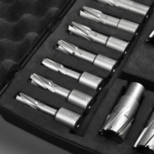 Annular Cutter Set Carbide TCT 13 pcs JESTUOUS 3/4 Inch Weldon Shank 1-3/8 Cutting Depth and Cutting Diameter from 1/2 to 1-1/8 Two Flat Bit for Drill Press with 2 Pilot Pins