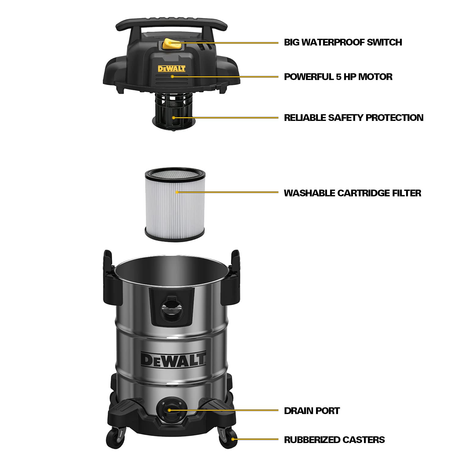 DeWalt DXV08S Wet/Dry Vacuum 8 Gallon 4 Peak HP, Stainless Steel, Silver