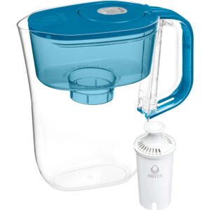 brita small 6 cup denali water filter pitcher with 1 brita standard filter, made without bpa, transparent teal