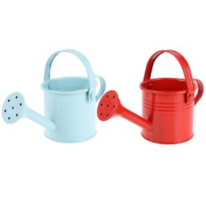 doitool metal watering can, 2pcs kids watering cans, iron watering kettle small watering pot for home office indoor outdoor succulents, potted flowers, bonsai plants (red and light blue)