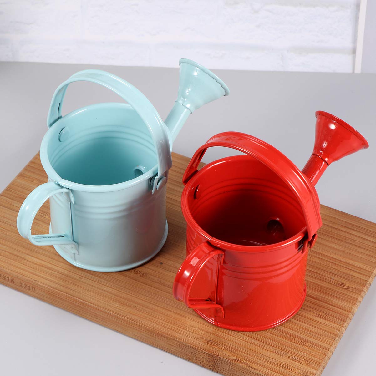 DOITOOL Metal Watering Can, 2Pcs Kids Watering Cans, Iron Watering Kettle Small Watering Pot for Home Office Indoor Outdoor Succulents, Potted Flowers, Bonsai Plants (Red and Light Blue)