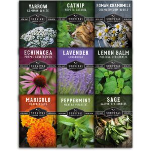 survival garden seeds medicinal tea collection - 9 non-gmo heirloom herbs to grow in the vegetable garden - chamomile, lavender, echinacea, catnip, lemon balm, marigold, sage, peppermint, red yarrow