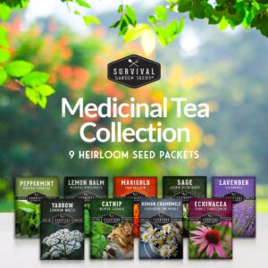 Survival Garden Seeds Medicinal Tea Collection - 9 Non-GMO Heirloom Herbs to Grow in The Vegetable Garden - Chamomile, Lavender, Echinacea, Catnip, Lemon Balm, Marigold, Sage, Peppermint, Red Yarrow