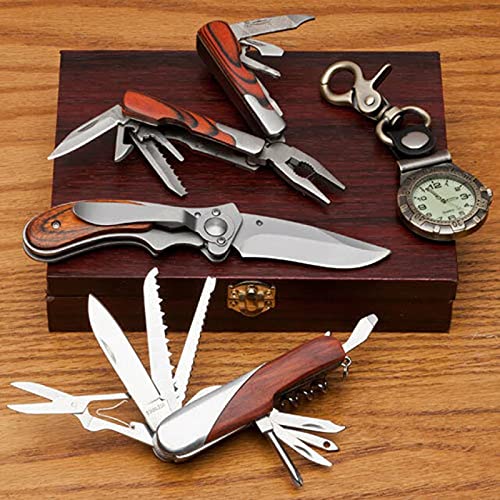 Kings County Tools Multi-Purpose Tool Set | 9 Function Folding Multitool | Multi-Blade Knife | One-Handed Liner Lock Pocket Knife | Belt Watch | Beautiful Wooden Storage Box | Great for Gifts