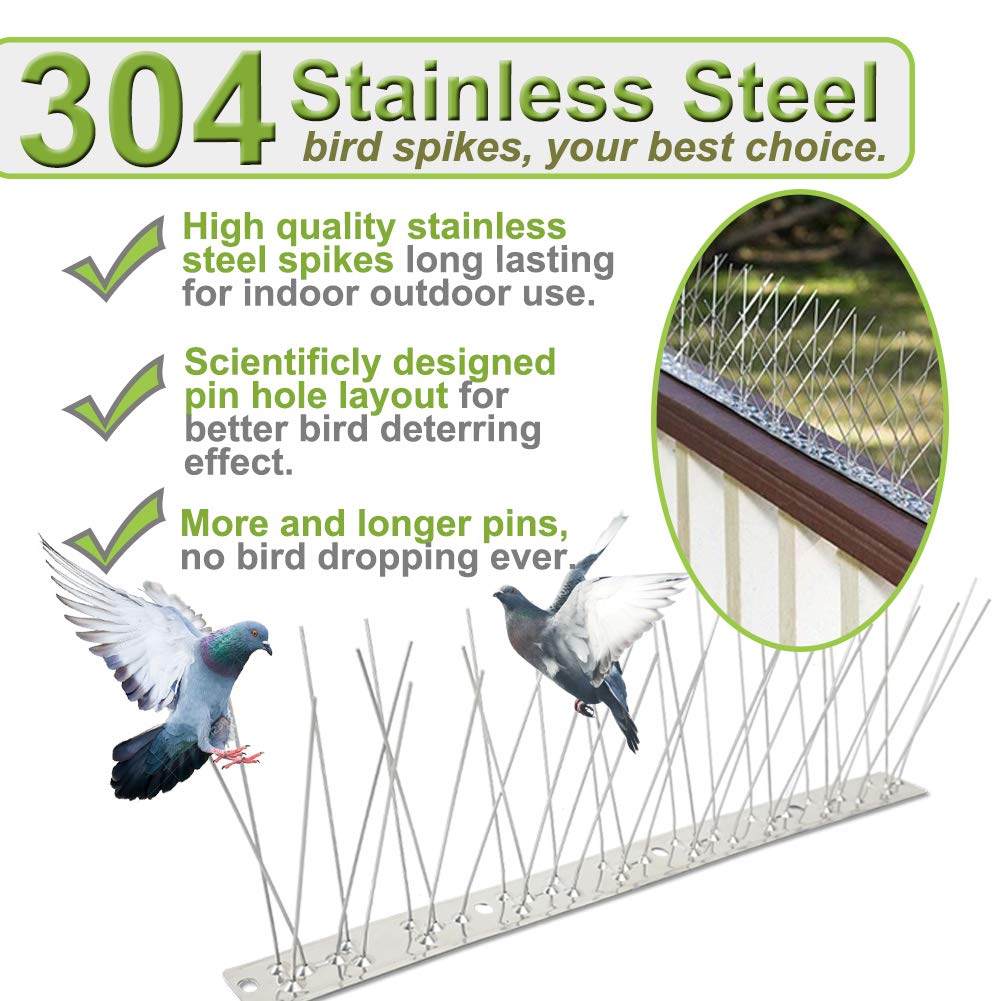 Bird Spikes Stainless Steel 60ft Coverage for Pigeons Small Birds Outdoor Use Bird Deterrent Strips Devices for Fence Crows Woodpeckers with 304 Stainless Steel Pins and Base Not Rusty