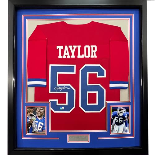 Framed Autographed/Signed Lawrence Taylor 33x42 New York Red Football Jersey JSA COA