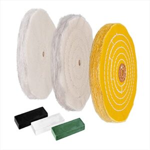 powertec 71631 6 inch bench grinder buffing wheel kit w/ 3pcs polishing compound set including black, white, green bars and treated yellow (40 ply) loose cotton (40 ply), white cotton (40 ply)