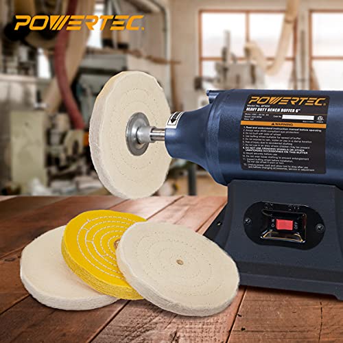 POWERTEC 71631 6 Inch Bench Grinder Buffing Wheel Kit w/ 3pcs Polishing Compound Set Including Black, White, Green Bars and Treated Yellow (40 Ply) Loose Cotton (40 Ply), White Cotton (40 Ply)