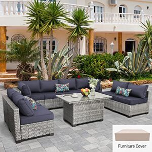 Patio Conversation Set Sectional Sofa 9 Pieces Outdoor Sectional Wicker Furniture Couch Storage Glass Table with Thicken(5") Anti-Slip Navy Blue Cushions Furniture Cover Grey PE Rattan