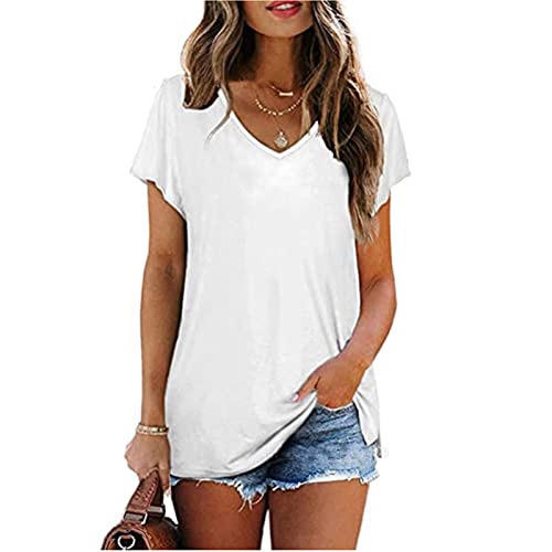 wodceeke Women's Short-Sleeved V-Neck Plain T-Shirt Casual Loose Basic Tee Summer All-Match Blouse Tops (White, L)