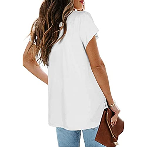 wodceeke Women's Short-Sleeved V-Neck Plain T-Shirt Casual Loose Basic Tee Summer All-Match Blouse Tops (White, L)