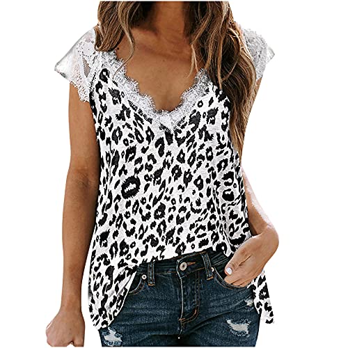 wodceeke Women's Leopard Print Tank Tops Lace Deep VT Shirt Summer Casual Loose Vest Tops Blouse (White, S)